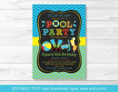 Boys Pool Party Printable Chalkboard Birthday Invitation Editable PDF #A344