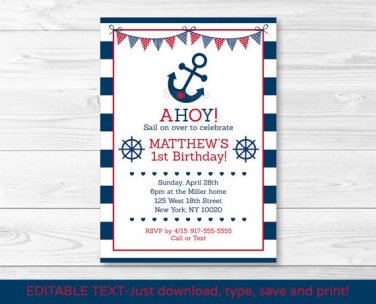 Nautical Anchor Printable Birthday Invitation Navy Blue & Red Editable PDF #A347