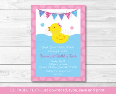 Pink Rubber Duck Printable Birthday Invitation Editable PDF #A141