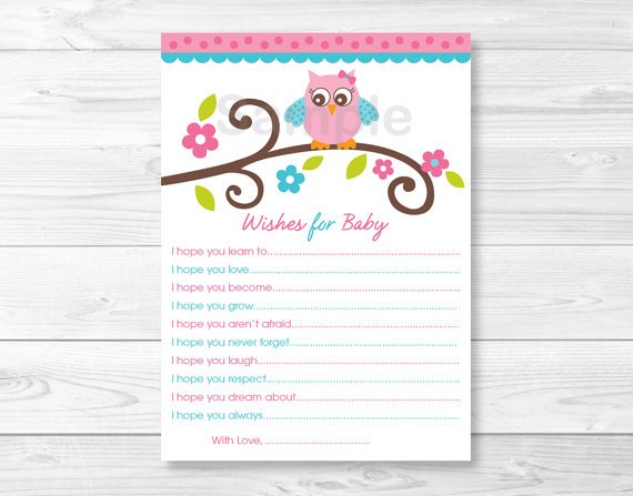 Pink Owl Blossom Printable Baby Shower Wishes For Baby Advice Cards #A162