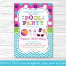 Girls Pool Party Printable Birthday Invitation Editable PDF #A349