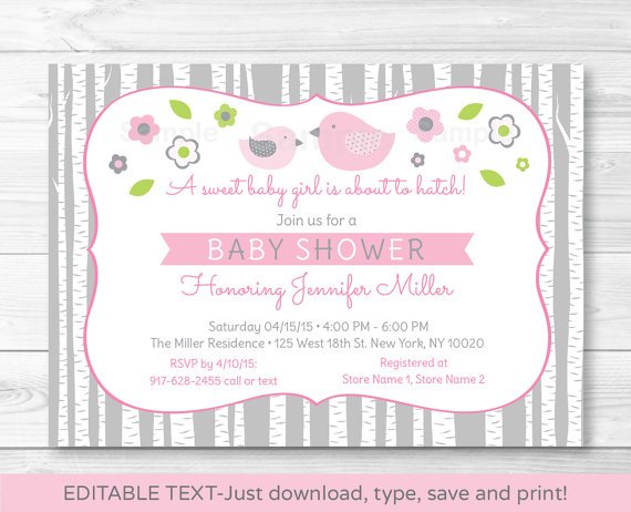 Pink & Grey Woodland Bird Printable Baby Shower Invitation Editable PDF #A350