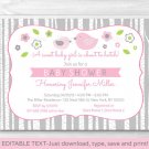 Pink & Grey Woodland Bird Printable Baby Shower Invitation Editable PDF #A350