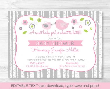 Pink & Grey Woodland Bird Printable Baby Shower Invitation Editable PDF #A350