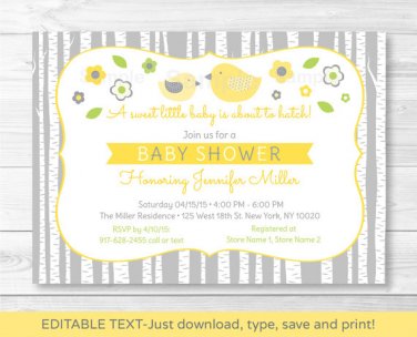 Yellow & Grey Woodland Bird Printable Baby Shower Invitation Editable PDF #A351