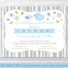 Blue & Grey Woodland Bird Printable Baby Shower Invitation Editable PDF #A352