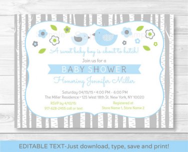 Blue & Grey Woodland Bird Printable Baby Shower Invitation Editable PDF #A352