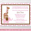 Mod Pink Elephant Giraffe Jungle Printable Baby Shower Invitation Editable PDF #A353
