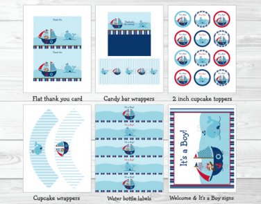Pirate Monkey Nautical Whale Printable Baby Shower Party Package #A287