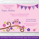 Girl Owl Blossom Printable Birthday Invitation Editable PDF #A319