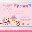 Pink Girl Owl Blossom Printable Birthday Invitation Editable PDF #A354