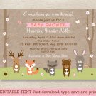 Pink Woodland Animals Fox Deer Bear Bunny Baby Shower Invitation Editable PDF #A340