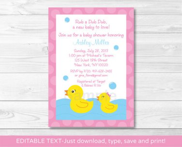 Pink Rubber Duck Printable Baby Shower Invitation Editable PDF #A320