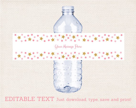 Twinkle Star Water Bottle Labels Pink And Glitter Printable Editable PDF #A358