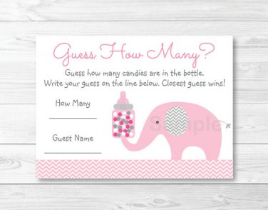 Pink Elephant Chevron Baby Shower "Guess How Many?" Game Cards Printable #A186