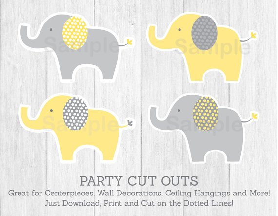Yellow & Grey Elephant Party Cutouts Decorations Printable #A234