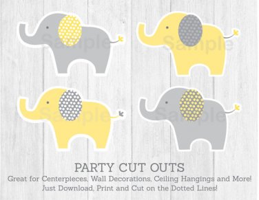 Yellow & Grey Elephant Party Cutouts Decorations Printable #A234