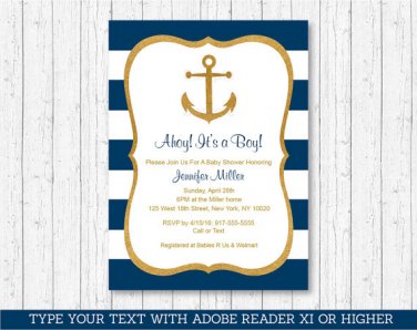 Nautical Gold Anchor Printable Baby Shower Invitation Editable PDF #A365