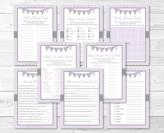 Purple & Grey Chevron Baby Shower Games Pack - 8 Printable Games #A370