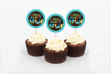 Boys Chalkboard Pool Party Cupcake Toppers Party Favor Tags Printable #A344