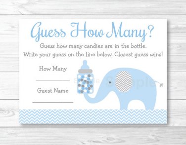 Blue Chevron Elephant Baby Shower "Guess How Many?" Game Cards Printable #A187
