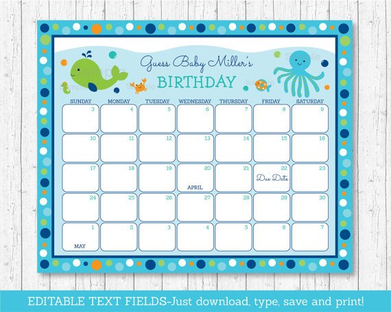 Blue Under The Sea Baby Due Date Calendar Editable PDF #A237