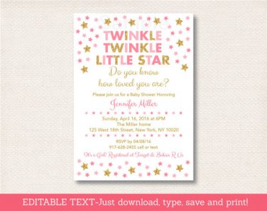 Pink & Gold Twinkle Little Star Printable Baby Shower Invitation Editable PDF #A372