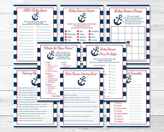 Nautical Anchor Blue & Red Baby Shower Games Pack - 8 Printable Games #A259