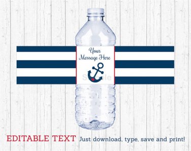 Nautical Anchor Navy Blue & Red Water Bottle Labels Printable Editable PDF #A259