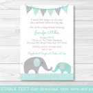 Mint Green & Grey Chevron Elephant Printable Baby Shower Invitation Editable PDF #A375