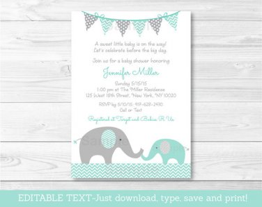 Mint Green & Grey Chevron Elephant Printable Baby Shower Invitation Editable PDF #A375