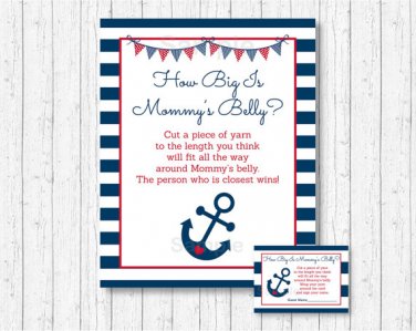 Nautical Anchor Navy Blue & Red How Big Is Mommys Belly Baby Shower Game #A259