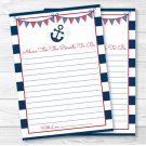 Nautical Anchor Navy Blue & Red Printable Baby Shower Mommy Advice Cards #A259