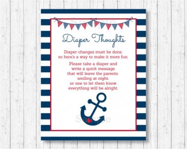 Nautical Anchor Blue & Red Diaper Thoughts Late Night Diaper Baby Shower Game #A259