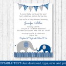 Navy Blue & Grey Chevron Elephant Printable Baby Shower Invitation Editable PDF #A373