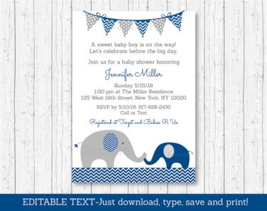 Navy Blue & Grey Chevron Elephant Printable Baby Shower Invitation Editable PDF #A373