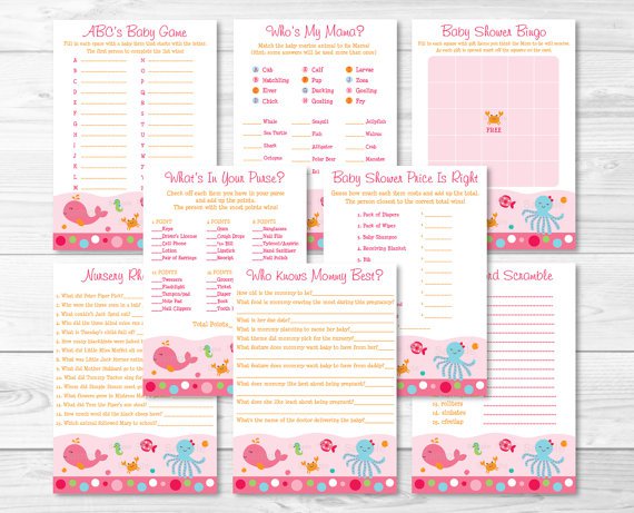 Pink Under The Sea Baby Shower Games Pack - 8 Printable Games #A262