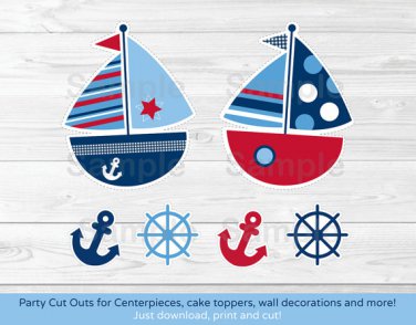 Nautical Sailboat Blue & Red Party Cutouts Decorations Printable #A123