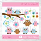 Pink & Turquoise Woodland Owl Clipart #A253