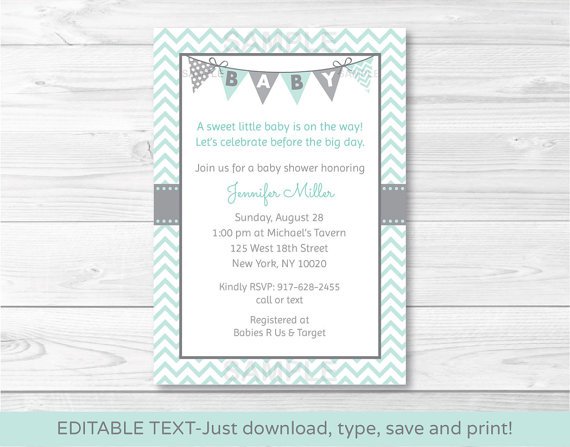 Green Chevron Printable Baby Shower Invitation Editable PDF #A364