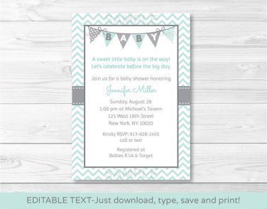 Green Chevron Printable Baby Shower Invitation Editable PDF #A364