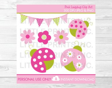 Pink & Green Ladybug Clipart #A108