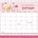 Safari Girl Jungle Animals Baby Due Date Calendar Editable PDF #A229