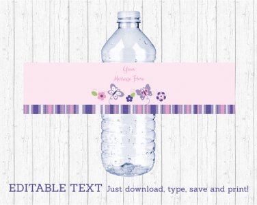 Pink & Purple Butterfly Water Bottle Labels Printable Editable PDF #A220