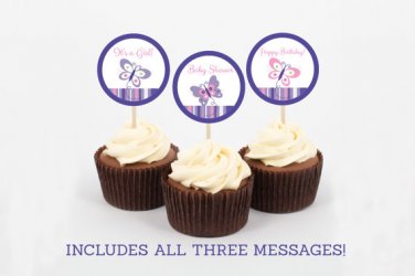 Pink & Purple Butterfly Printable Cupcake Toppers Party Favor Tags #A220
