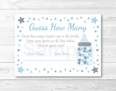 Blue Twinkle Star Printable Baby Shower "Guess How Many?" Game Cards #A362