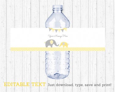Yellow Chevron Elephant Water Bottle Labels Printable Editable PDF #A181