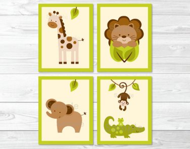 Baby Safari Lion Monkey Elephant Giraffe Printable Nursery Wall Art #A109