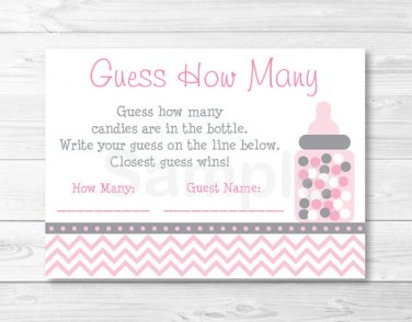Modern Pink Chevron Printable Baby Shower "Guess How Many?" Game Cards #A127