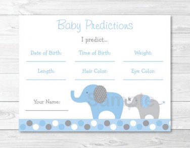 Blue & Gray Polka Dot Elephant Baby Shower Baby Predictions Game Cards Printable #A135